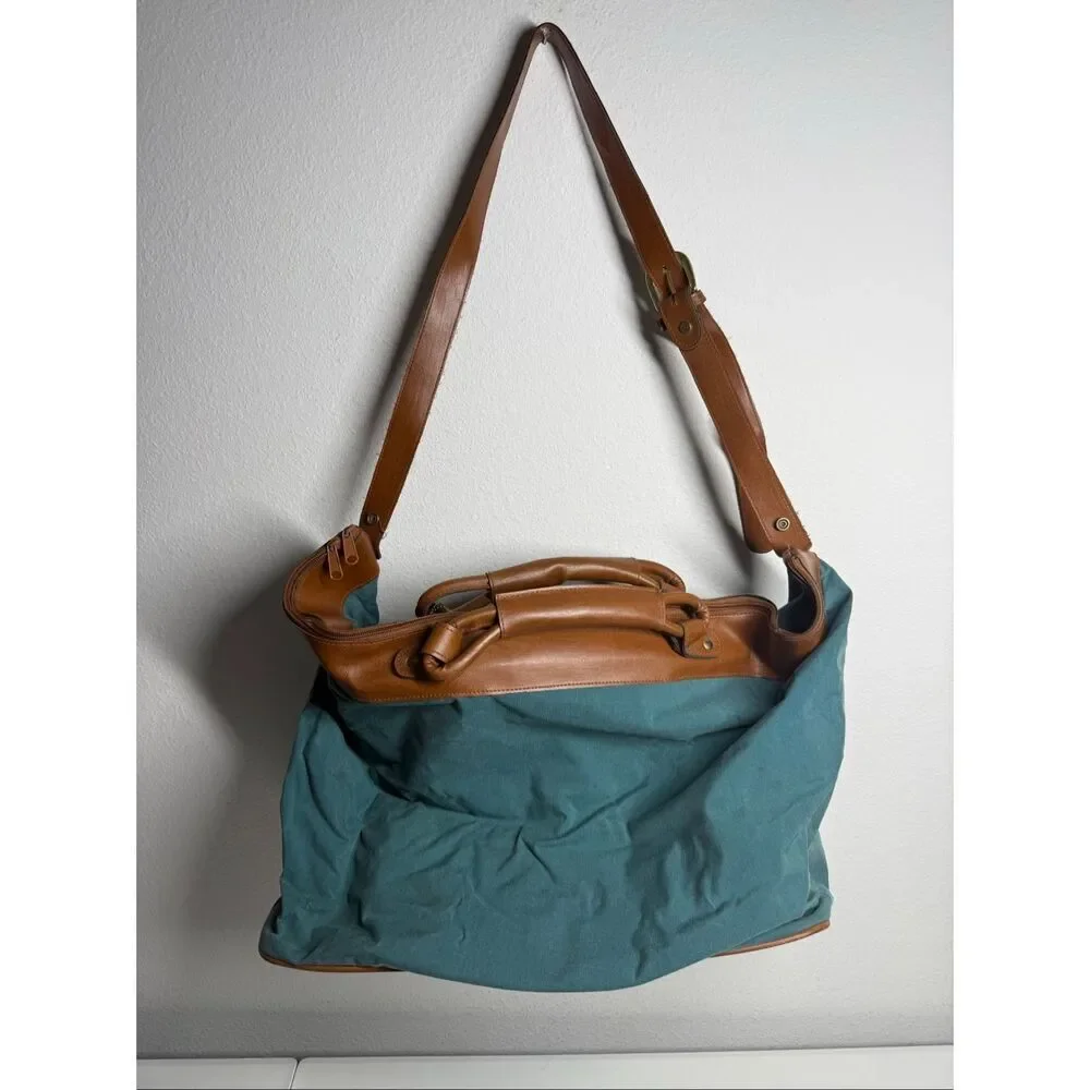 Vintage Travel Duffle Traveler Green Brown Weekend Faux Leather Trim See Notes